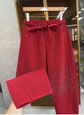 高个子收！出街BI穿！重工烫钻高腰牛仔阔腿镰刀裤女  R5853~ME