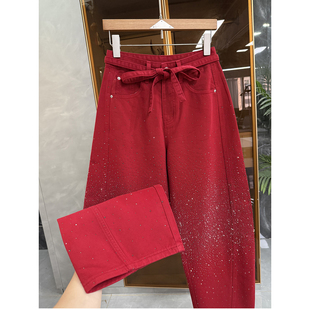 R5853 高个子收 女 重工烫钻高腰牛仔阔腿镰刀裤 出街BI穿