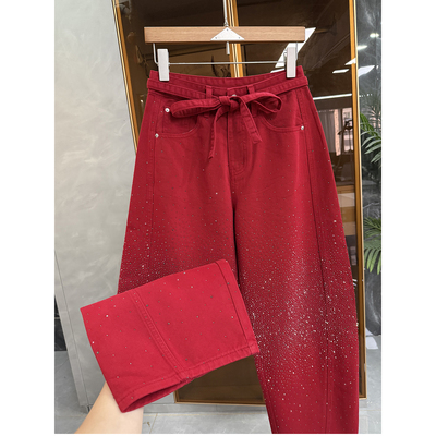 N货!重工烫钻高腰牛仔阔腿镰刀裤