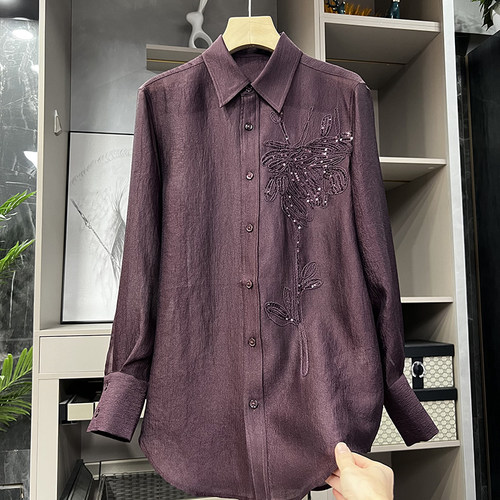 轻熟法式！褶皱肌理刺绣亮片衬衫