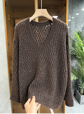 云朵触感！jin口料羊绒真丝镂空金丝V领针织毛衣女    250993~JS