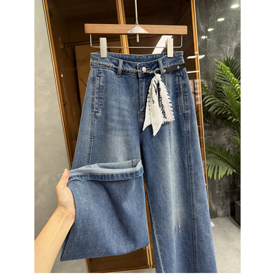 铁链丝巾腰带中高腰牛仔阔腿裤