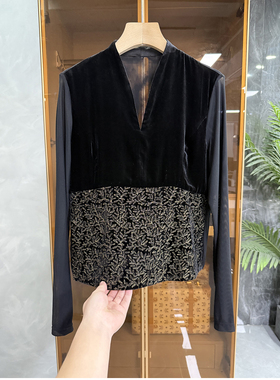 美到不敢照镜子！拼接金丝真丝丝绒V领长袖上衣女   D80226~ME