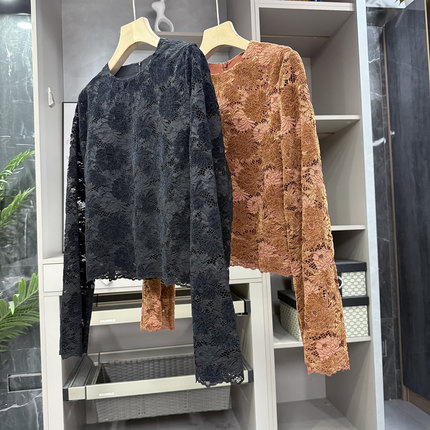 秋款！优雅又浪漫！蕾丝丝绒圆领长袖短上衣女  W1683~ZY