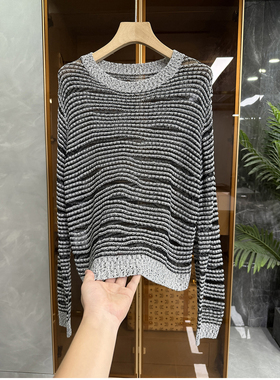 清仓不予退换！美！宽松亚麻条纹圆领长针织衫上衣女R9289~ME