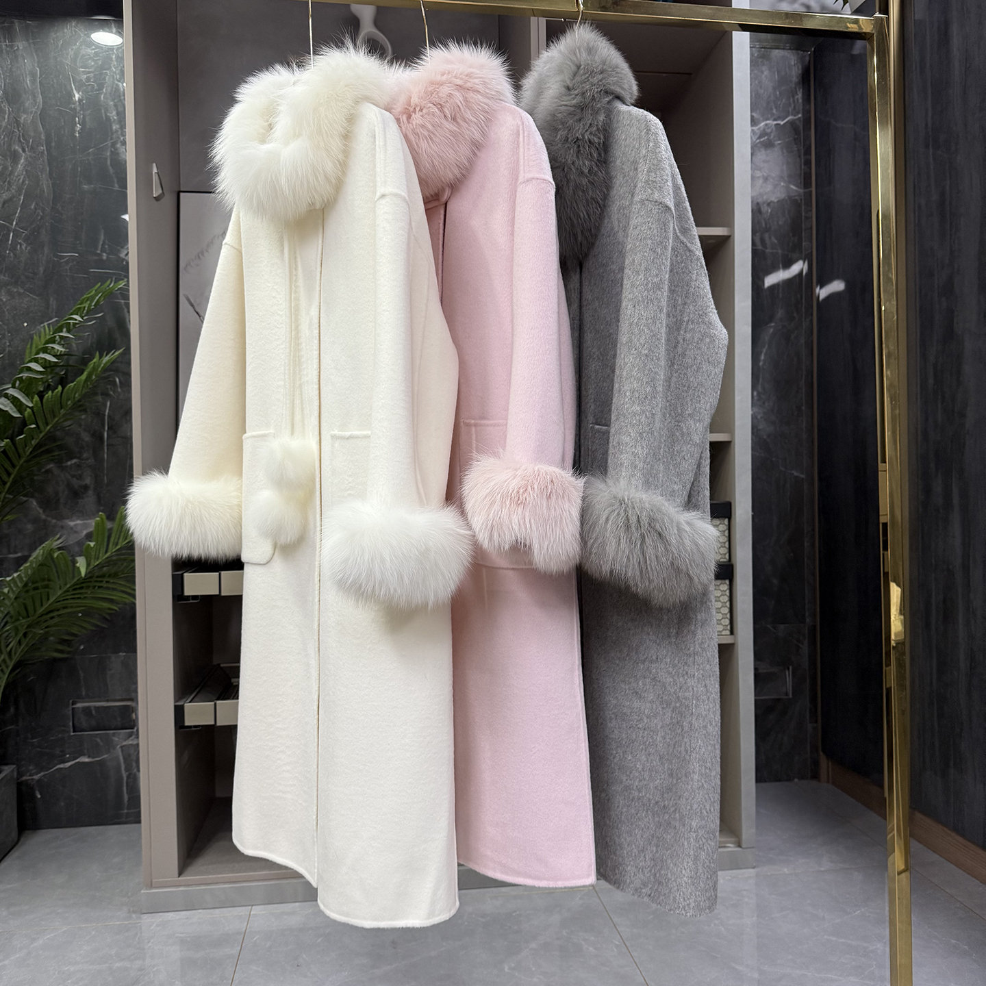 宽松狐狸毛羊毛双面呢外套大衣