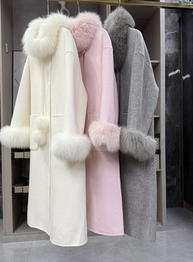G上1W+！莼尾意柜！宽松狐狸毛羊毛双面呢外套大衣女  AE01310~ZY