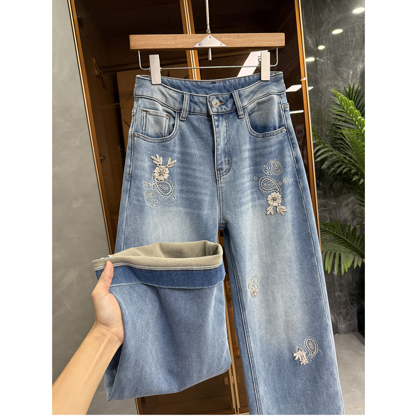 品质货！刺绣烫钻牛仔阔腿裤