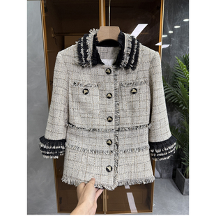 yuan厂出！修身羊毛粗花呢毛须中袖短外套女     20250766~JS