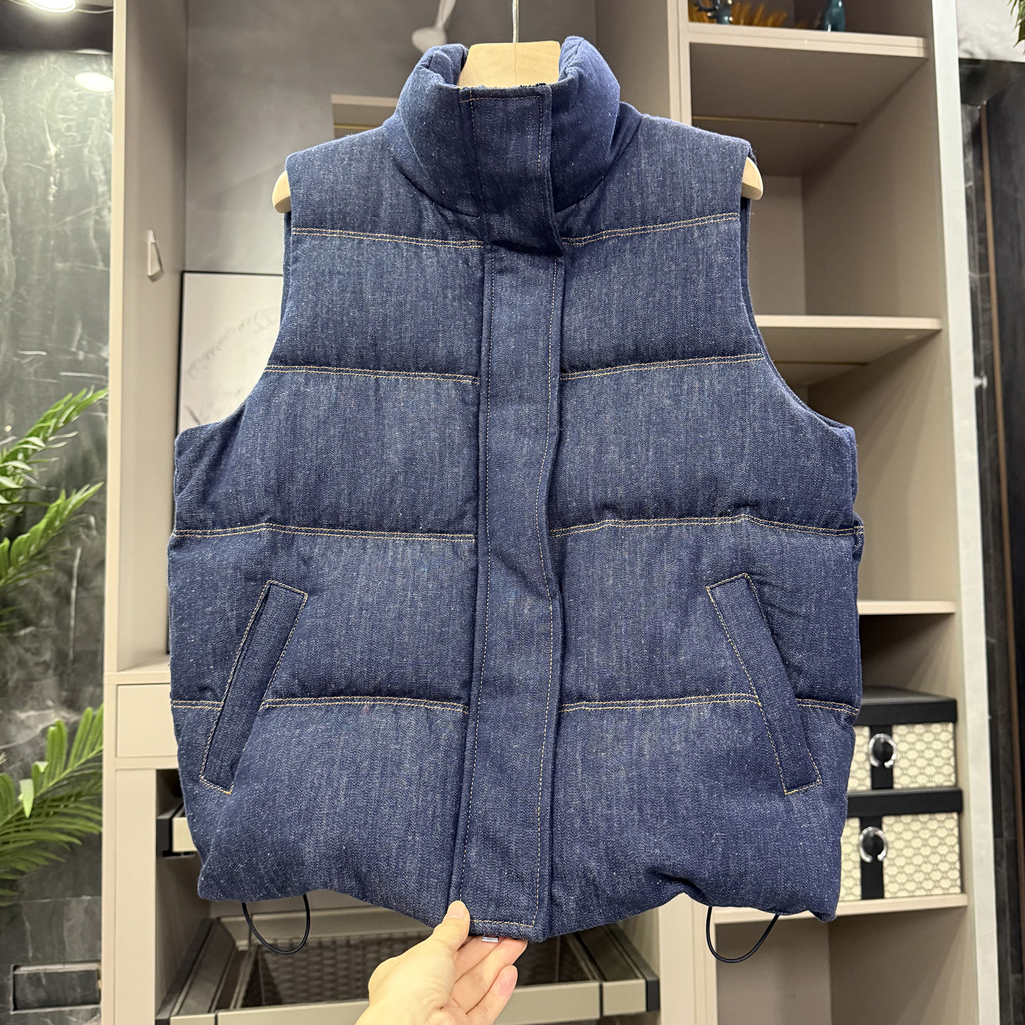 汉麻棉牛仔鸭绒羽绒服立领马甲