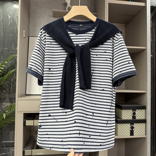 NH25001 INS风 棉T恤女 披肩宽松条纹圆领短袖 街拍单品