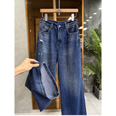 96802 高个子收 女 破洞中高腰牛仔阔腿裤 舒适与瘦腿并存