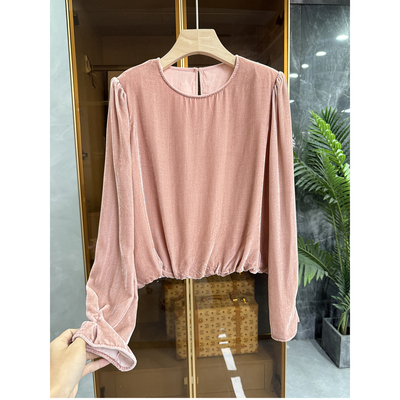 尖货垫肩真丝丝绒圆领长袖短上衣