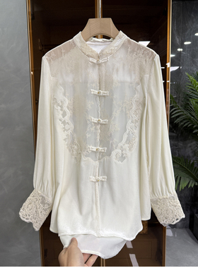 yuan单！国风新中式！拼接刺绣真丝丝绒衬衫上衣女  AE0442~JS