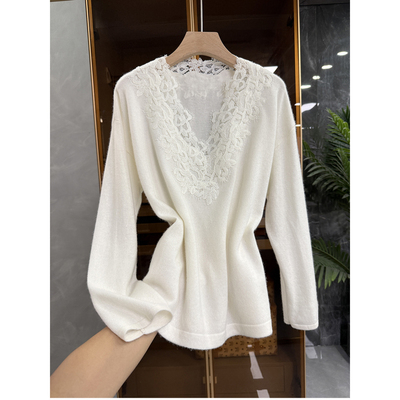 外M单！花边V领长袖羊绒针织毛衣
