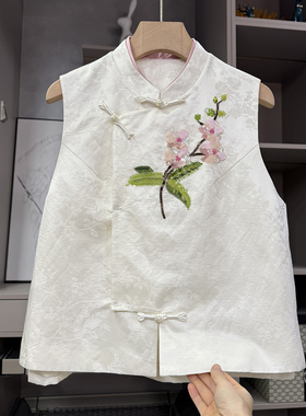 P牌料！G上7K+！新中式真丝亚麻提花钉珠立领背心马甲女 58227~ZY