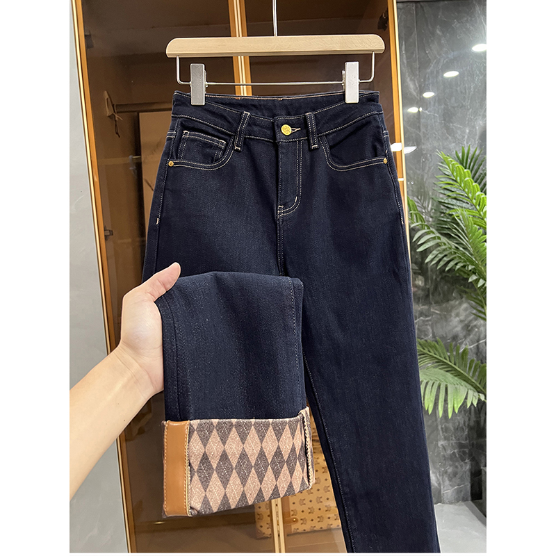 品质货！加绒牛仔翻边烟管九分裤