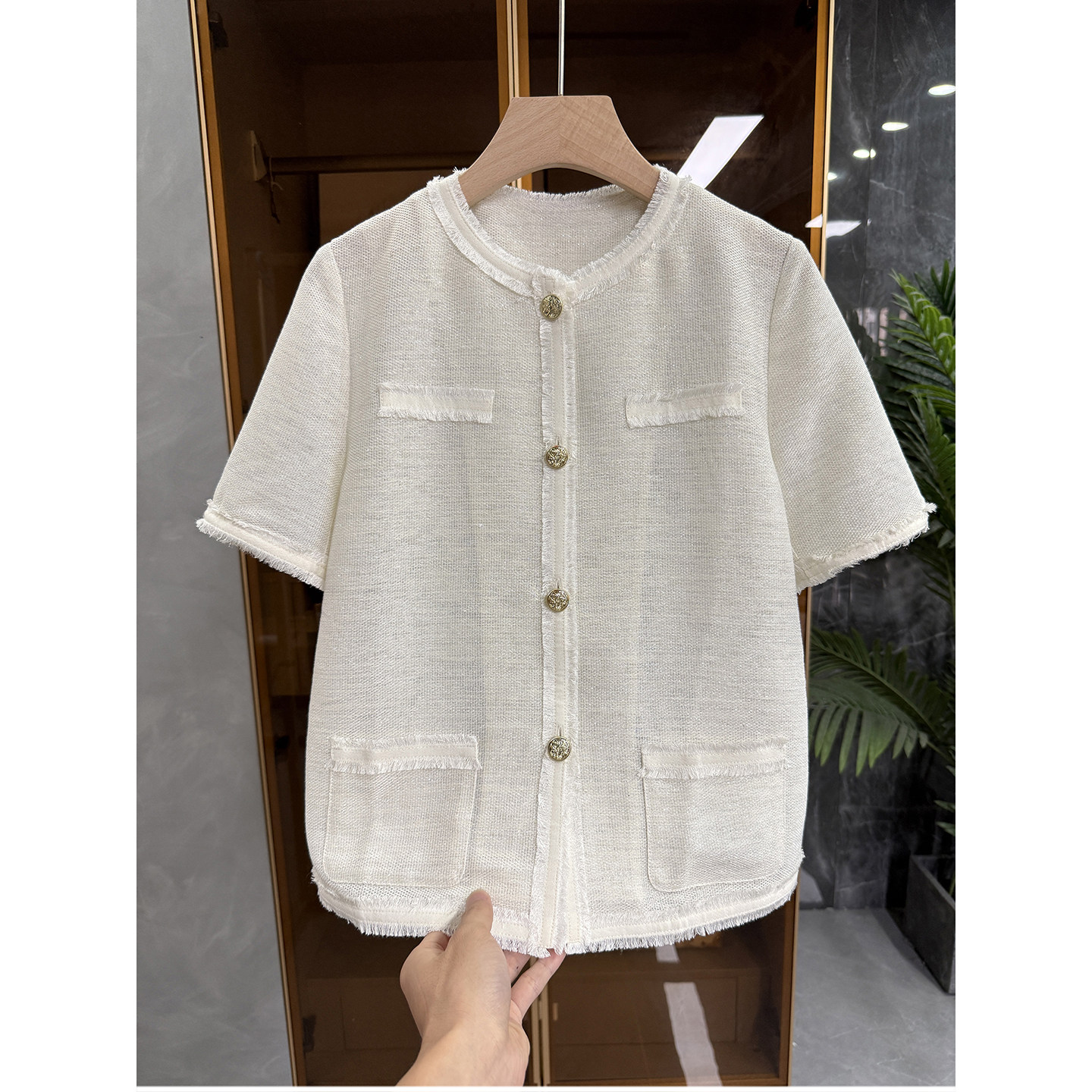 法式！美到发光！毛须金丝亚麻圆领开衫短袖上衣女    733030~JS