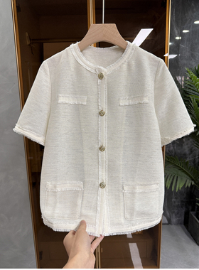 法式！美到发光！毛须金丝亚麻圆领开衫短袖上衣女    733030~JS