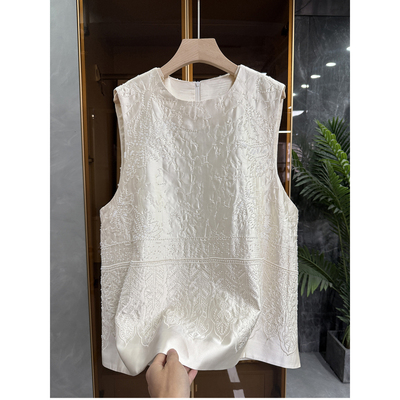 宽松醋酸钉珠刺绣圆领背心马甲