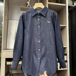 清仓不退!!复古港风!宽松亚麻彩扣牛仔衬衫上衣女 62209~ZY