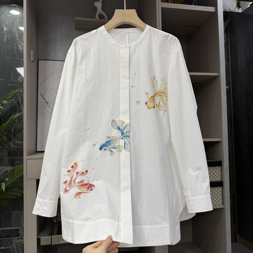 N货!宽松亮片金鱼圆领棉衬衫上衣