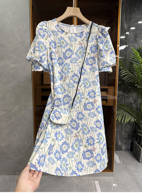 清仓不予退换！器！配小挎包圆领泡泡袖棉碎花连衣裙T60290~ME