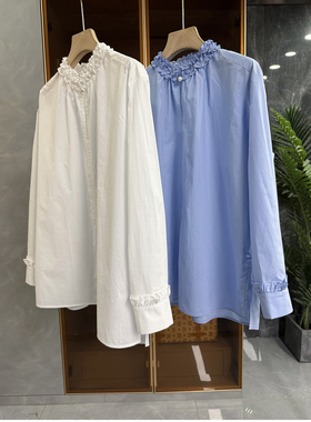 美翻！浪漫法式！宽松木耳边长袖棉衬衫上衣女   C2216~ME