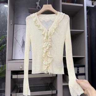 出片浪漫法式 MZ2610 亚麻荷叶边V领长袖 女 针织开衫 美翻