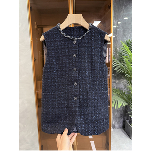 yuan出！法式订单！绵羊毛粗花呢钉珠圆领香式马甲女   736835~JS