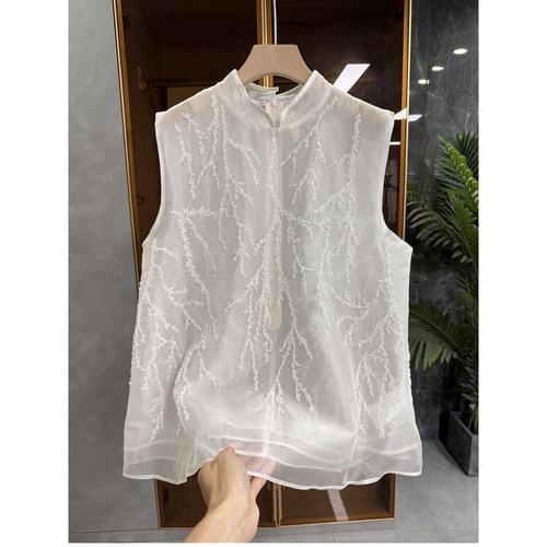 柜款！真丝欧根纱钉珠小立领背心