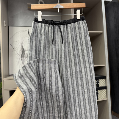 P牌料!亚麻条纹松紧腰休闲直筒裤
