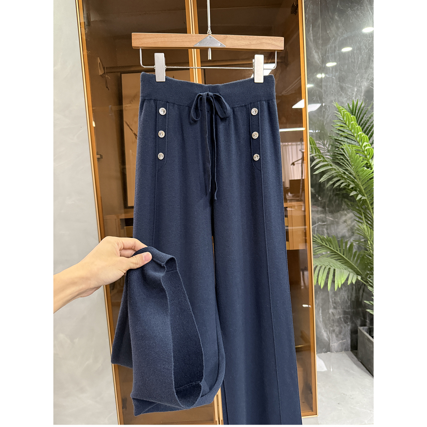 N货！羊毛松紧腰6扣针织阔腿裤