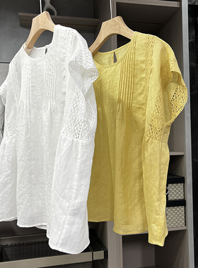 清仓不予退换！夏！拼接花边宽松苎麻短袖上衣女100625~ZY