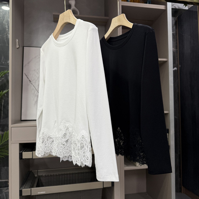 Q货！蕾丝花边圆领长袖棉T恤