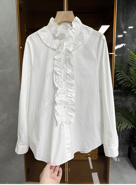法式！美得毫不费力！荷叶边立领长袖棉衬衫上衣女   CLYR02~ME