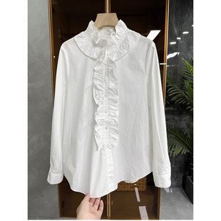 法式！美得毫不费力！荷叶边立领长袖棉衬衫上衣女   CLYR02~ME