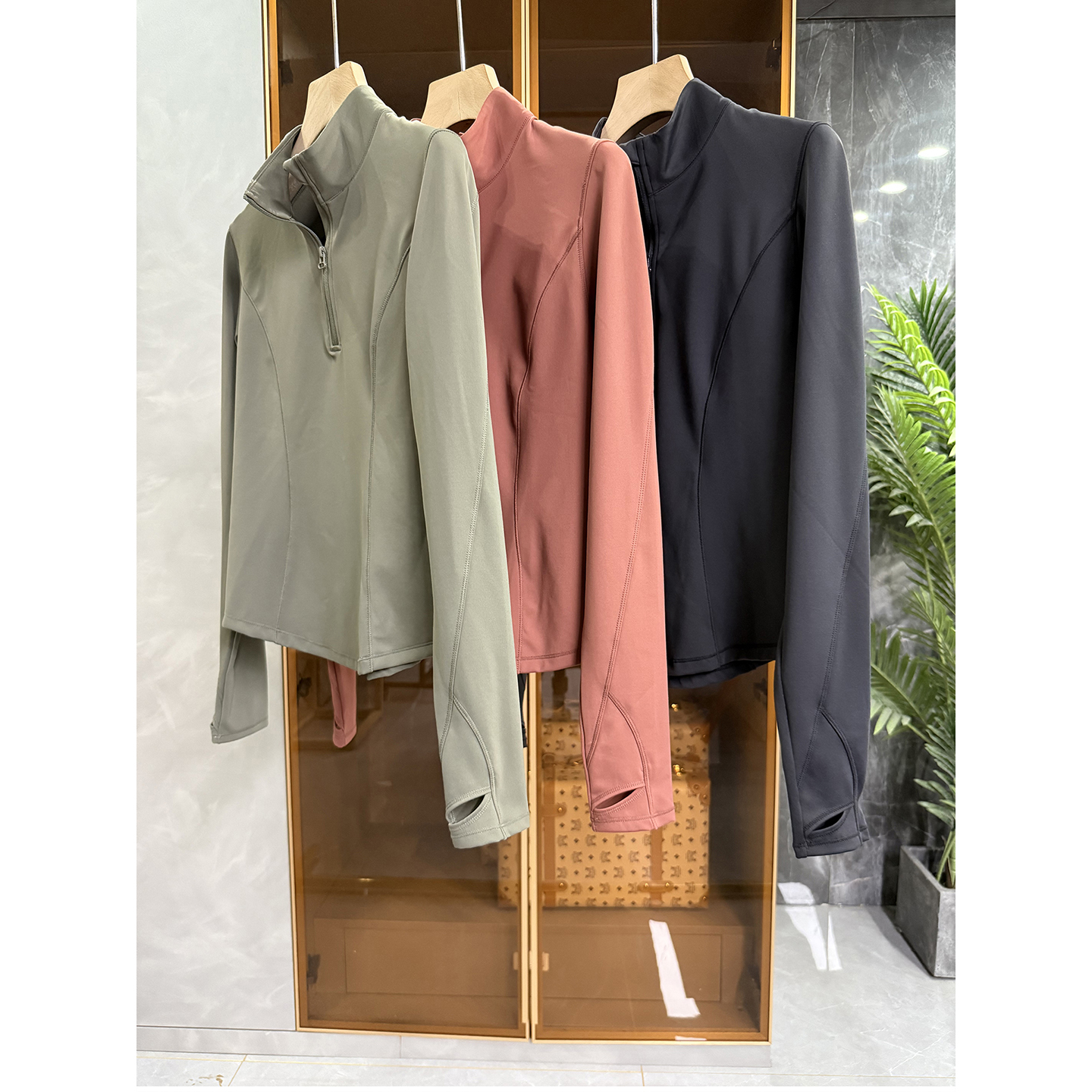 薄绒瑜伽服半拉链套头衫运动上衣