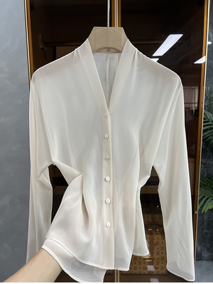 法式!连肩V领乔其纱低领衬衫上衣
