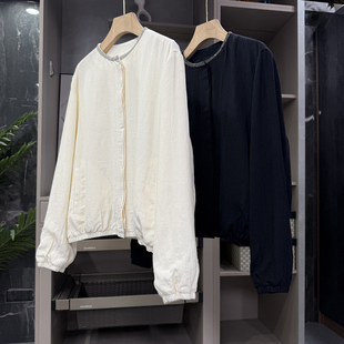 737404 宽松亚麻钉珠圆领休闲外套女 yuan厂订单 闭眼shou