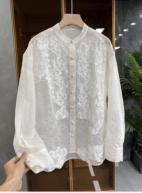 代工厂P牌料！宽松提花真丝欧根纱蕾丝花边衬衫上衣女  552605~JS
