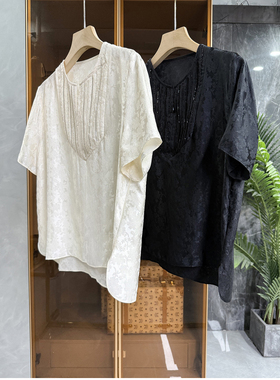 清仓不予退换！风新中式！真丝提花钉珠圆领短袖上衣女D2530~ME