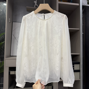 美得迷人、美得气质!蕾丝钉珠圆领长袖衬衫上衣女 Y722~ZY