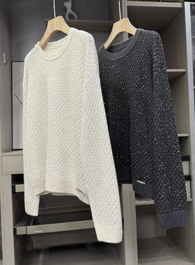 气质翻倍的秘籍！宽松蜂巢肌理亮片羊毛针织圆领毛衣女 252229~ZY