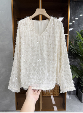 炸裂推荐！美到发光！流苏亮片V领长袖上衣女   M02431~ME