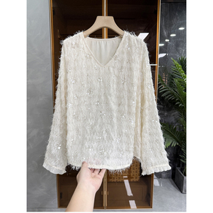 炸裂推荐！美到发光！流苏亮片V领长袖上衣女   M02431~ME