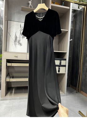 清仓不予退换#B柜订单！拼接真丝丝绒V领短袖连衣裙91707