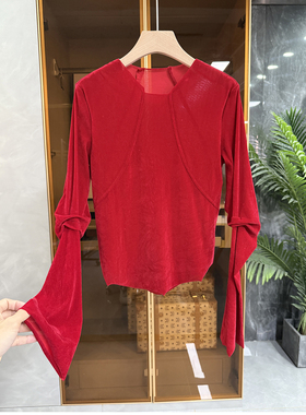 Q货！美得很出片！修身植绒圆领长袖短上衣女     20251136~JS