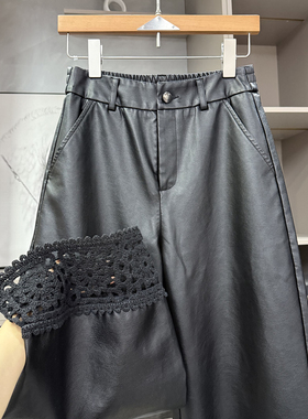 嘶吼推荐！气质款！高腰蛋白皮花边阔腿九分皮裤女    H8351~ZY