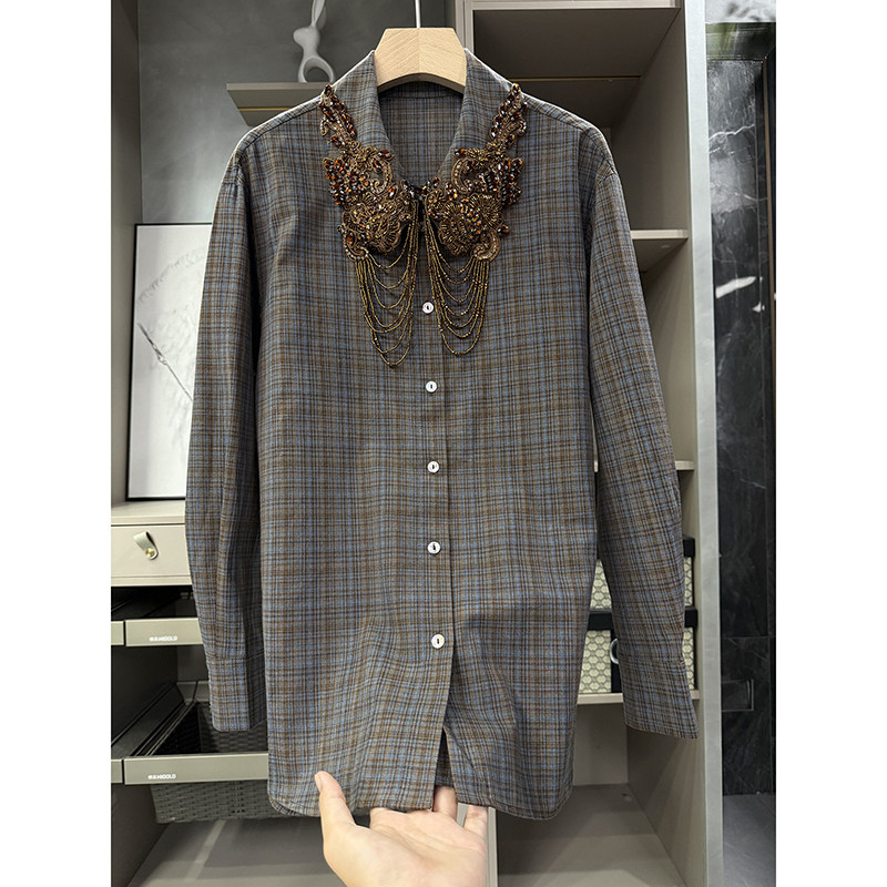 尖货！复古格子钉珠翻领长袖衬衫